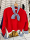 Solid Color Round Neck Sweater With Gingham Scarf